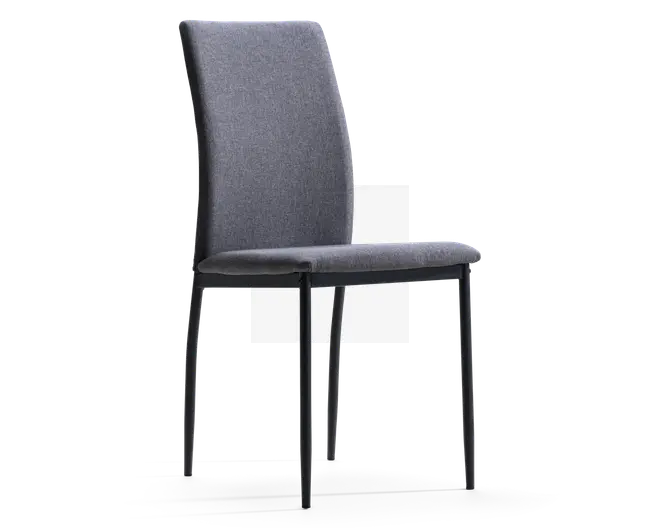 Stol med høj, let buet ryg og polstret sæde, begge betrukket med mørkegråt stof. Stellet og benene er lavet af slankt, sort metal, hvilket giver et moderne og minimalistisk udtryk. Sædet og ryglænet er glat formet for ekstra komfort.