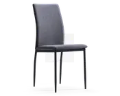 Stol med høj, let buet ryg og polstret sæde, begge betrukket med mørkegråt stof. Stellet og benene er lavet af slankt, sort metal, hvilket giver et moderne og minimalistisk udtryk. Sædet og ryglænet er glat formet for ekstra komfort.