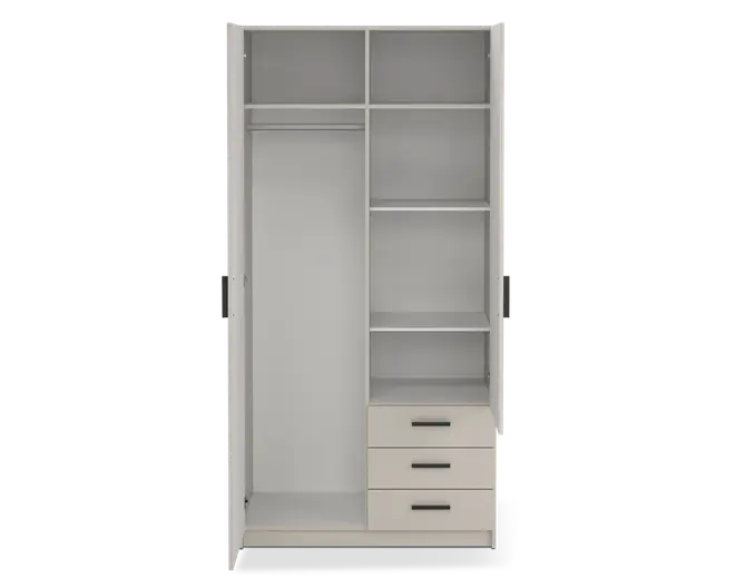 Et garderobeskab indvendigt med flere opbevaringsmuligheder: til venstre er der et højt rum med bøjlestang til tøj og en hylde øverst. Til højre er der fire åbne hylder til sammenlagt tøj eller tilbehør, og under hylderne er der tre udtræksskuffer med vandrette greb. Skabet har en glat, lysegrå finish.