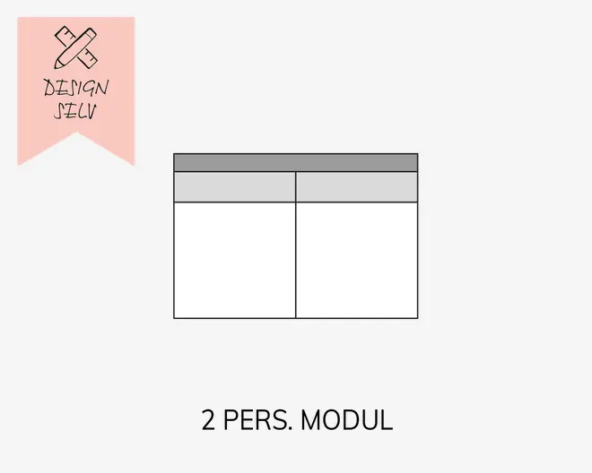 Et tilpasningsbart bord med to kolonner og to rækker, der har et enkelt og rent design. Den øverste række er gråtonet for at markere overskriftsfelter, mens de resterende felter er hvide. Til venstre ses et lyserødt banner med en håndtegnet blyant og lineal, der krydser hinanden, samt teksten 'DESIGN SELV' skrevet i en afslappet, håndskrevet stil, hvilket indikerer mulighed for at designe eller personliggøre bordet.