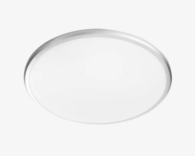 Et rundt, fladt, hvidt loftarmatur med en slank, glat kant. Overfladen er mat og spreder lyset jævnt, hvilket giver et moderne og minimalistisk udtryk. Armaturet er monteret tæt til loftet og egner sig til installationer med lav profil.