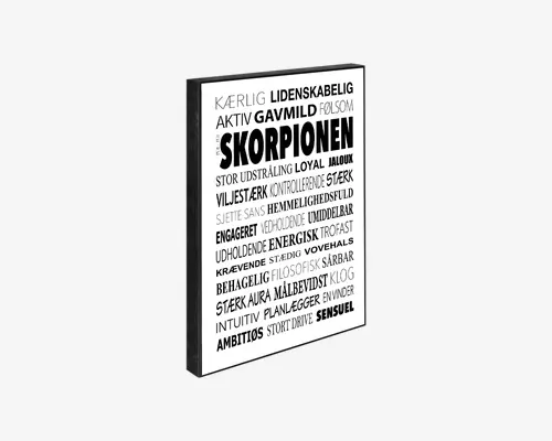 Rektangulært vægkunst med sort ramme, der viser en række danske ord og sætninger i forskellige skrifttyper og størrelser. Teksten er overvejende sort på hvid baggrund, med ordet 'SKORPIONEN' i store, fede bogstaver i midten. Andre ord beskriver personlighedstræk og egenskaber, arrangeret i et visuelt dynamisk layout. Det samlede design er moderne og typografisk.