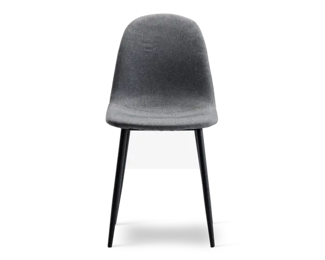 Frontbillede af en moderne stol med buet, polstret ryglæn og sæde betrukket med mørkegråt stof. Stolen har slanke, sorte metalben, der er let skråtstillede, hvilket giver et minimalistisk og moderne udtryk. Sædet og ryglænet er glat formet for øget komfort.