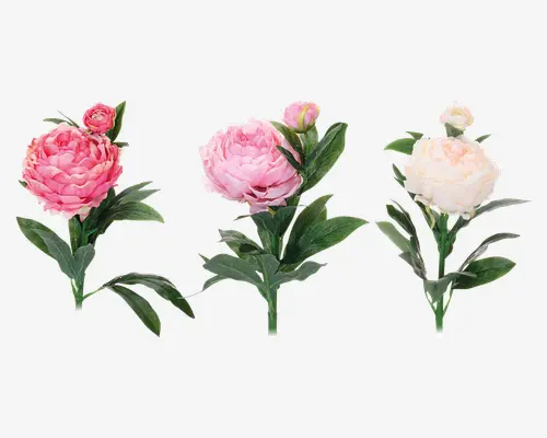 Sæt med tre kunstige pæonstilke, hver med fyldige, lagdelte kronblade i forskellige nuancer af pink og creme. Hver stilk har en stor, fuldt udsprunget blomst og en mindre knop, omgivet af realistiske grønne blade. Kronbladene har en blød, naturlig farveovergang, og bladene er teksturerede for et naturtro udseende.