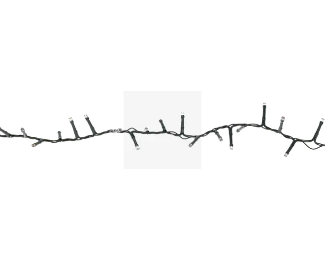 En sort ledning med flere korte grene, der stikker ud med jævne mellemrum, beregnet til at holde individuelle lyskilder. Ledningen er fleksibel og kan formes eller hænges op efter behov, velegnet til dekorative lysopsætninger.