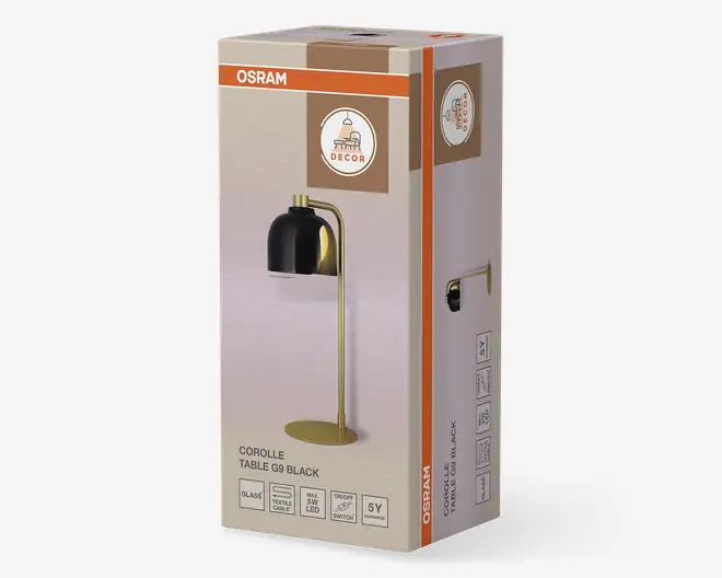 Emballagen viser en moderne bordlampe med en mat sort, kuppelformet skærm og en slank, buet stander i guldfarvet metal, der er fastgjort til en rund fod. Lampen har en glasskærm, er egnet til G9 LED-pære og har en tænd/sluk-knap. Kassen fremhæver 5 års garanti og maksimal wattstyrke for LED-pærer.