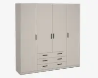 Et stort, moderne garderobeskab med mat beige finish. Skabet har fire høje låger med slanke sorte greb, der giver masser af opbevaringsplads. Under de to midterste låger er der tre rummelige skuffer, hver med to vandrette sorte greb, ideelle til opbevaring af mindre genstande. Designet er minimalistisk og funktionelt, velegnet til moderne indretning.