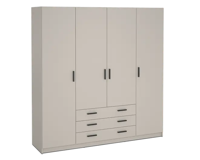Et stort, moderne garderobeskab med mat beige finish. Skabet har fire høje låger med slanke sorte greb, der giver masser af opbevaringsplads. Under de to midterste låger er der tre rummelige skuffer, hver med to vandrette sorte greb, ideelle til opbevaring af mindre genstande. Designet er minimalistisk og funktionelt, velegnet til moderne indretning.