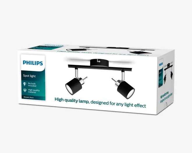 Philips æskeemballage med en sort spotlampe med to justerbare lyskilder og en slank, rektangulær montering.