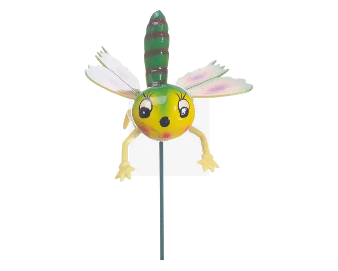 Dekorativ havelåge formet som et fantasifuldt insekt med rund gul og grøn krop, store tegneserieagtige øjne og malede øjenvipper. Den har to par gennemsigtige vinger med et lyserødt skær, en stribet grøn og brun hale samt to gule arme med stjerneformede hænder. Insektet er monteret på en tynd metalstang, så det nemt kan placeres i jorden.