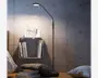 En slank, moderne gulvlampe med et minimalistisk design, der har en tynd, sort metalstang og en justerbar arm med et lille, rundt LED-lyshoved. Lampen giver fokuseret, nedadgående belysning, ideel til læsning eller arbejdslys. Basen er diskret, hvilket gør det nemt at placere lampen i små rum. Lampen er vist ved siden af en vægmonteret hylde med bøger og en lille radio, hvilket understreger dens egnethed til moderne indretning.