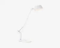 Moderne hvid skrivebordslampe med justerbar arm og lampehoved, der giver fleksibel placering. Lampen har en rund, solid base og et slankt, minimalistisk design, der passer til nutidige arbejdsområder.