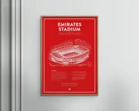 En indrammet plakat med en detaljeret hvid stregtegning af Emirates Stadium på en kraftig rød baggrund. Øverst på plakaten står stadionets navn med store, hvide bogstaver. Under illustrationen er der et afsnit med historisk information om stadionet samt et citat i mindre tekst. Plakaten har en tynd hvid kant og hænger på en lys væg.