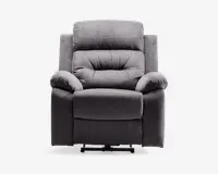 Blød, polstret lænestol betrukket med mørkegråt stof. Stolen har tykke, polstrede armlæn, høj ryg med lette syninger og en bred, komfortabel siddeflade. Designet er moderne og indbydende med diskrete syningsdetaljer og en solid, støttende konstruktion.