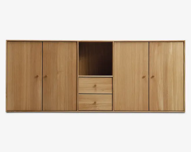 Reolopstilling med døre og skuffer oileret eg