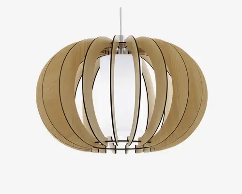 Loftlampe med et moderne, kugleformet design bestående af buede trælameller, der danner en åben kugle. Træet har en naturlig finish, og lyskilden i midten er omgivet af en hvid, cylindrisk diffuser, som giver et blødt og jævnt lys. Lampen hænger ned fra en metalstang i toppen.