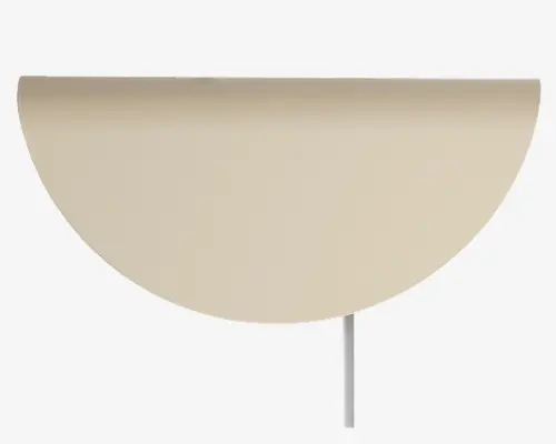 Minimalistisk design med en stor, glat, halvcirkelformet skærm i mat beige finish. Skærmen er monteret på en slank, lodret stang, hvilket giver et rent og moderne udtryk. Overfladen er uden tekstur, og kanterne er afrundede, hvilket understreger enkelhed og elegance.