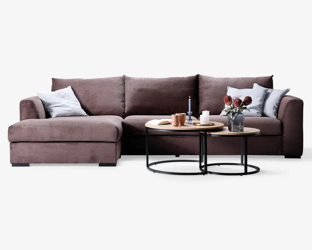 Sofa med chaiselong brun fløjl venstre