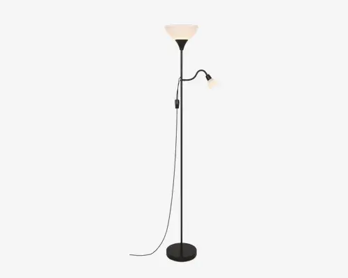 Høj, sort standerlampe med rund fod og to lyskilder: en opadrettet hovedlampe med en frostet, hvid skålformet skærm samt en mindre, justerbar læselampe med tilsvarende frostet skærm, der sidder på en fleksibel arm midt på stangen. Begge lamper har separate kontakter til individuel betjening.