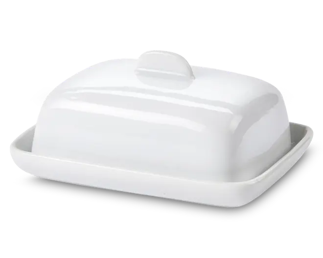 En rektangulær, blank hvid keramisk beholder med tilhørende låg. Låget har et afrundet håndtag øverst for nem løftning. Bunden har let hævede kanter, der holder låget sikkert på plads. Designet er enkelt og moderne med glatte overflader og rene linjer.