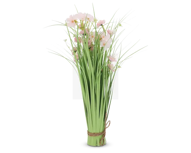 Et bundt lange, slanke grønne stilke bundet sammen i bunden med snor, med fine lyserøde blomster og små grønne knopper spredt mellem bladene. Arrangementet har et naturligt, friskt udseende med bløde farver.