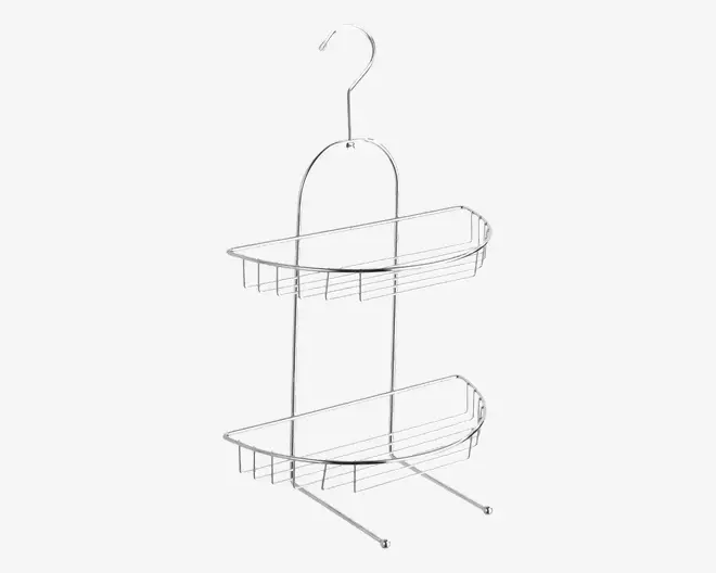 En brusehylde i metal med kromfinish, der har to rummelige trådkurve til opbevaring af toiletartikler. Hylden har en stor krog øverst til ophængning over brusehovedet eller døren samt to kroge nederst til ophængning af for eksempel badesvampe eller vaskeklude. Det åbne tråddesign sikrer dræning og luftcirkulation.