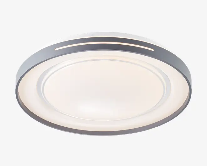 Rund loftslampe med et elegant, moderne design, der har en børstet metalramme og en mat hvid diffuser, som giver blød og jævn lysfordeling. Lampen har en diskret udskæring i metalringen, hvilket tilføjer et moderne præg.