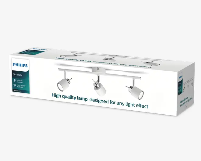 Rektangulær emballage med en Philips spotlampe med tre justerbare cylindriske lampehoveder monteret på en slank, horisontal metalstang. Lampen vises i et moderne hvidt og sølvfarvet design, velegnet til retningsbestemt belysning. Æsken fremhæver, at der ikke medfølger pærer, og understreger høj kvalitet og alsidighed til forskellige lyseffekter.