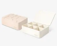 Rektangulær opbevaringsboks med hængslet låg, vist i to pastelfarver. Boksen har ordet 'Tea' trykt på forsiden og indeholder seks indvendige rum til organisering. Designet er minimalistisk og moderne med glatte kanter og en ren finish.