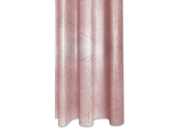 Dette gardin har et moderne geometrisk mønster med overlappende afrundede rektangler og linjer i en blid rosa og hvid farvekombination. Stoffet har en glat tekstur og falder let, hvilket giver et stilfuldt og nutidigt udtryk, der passer til forskellige indretninger.