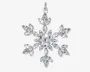 Klare, facetslebne krystaller arrangeret i et symmetrisk snefnugmønster med seks spidser. Hver spids har marquise-formede krystaller, der udgår fra en central klynge af runde krystaller. Ornamentet har en sølvfarvet ophængsløkke øverst for nem fastgørelse. Krystallerne reflekterer lyset og giver et funklende, elegant udtryk.