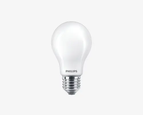 Mat glas lyspære med standard E27 skruefatning, rund form og glat hvid overflade. Mærket 'Philips' er trykt nær soklen. Pæren har et klassisk design, der egner sig til almindelig belysning.