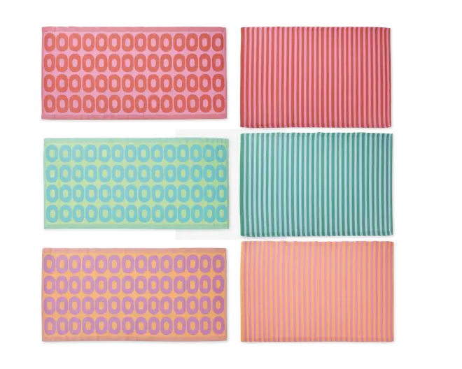 Sæt med seks rektangulære genstande, hver med et farverigt geometrisk mønster. Tre har gentagne ovale former i kontrastfarver (røde ovaler på lyserød, blå ovaler på turkis, lilla ovaler på fersken), og tre har lodrette striber i matchende farveskemaer (røde striber på lyserød, turkise striber på blå, orange striber på fersken). Alle genstande har en glat overflade og livlige, legende designs.