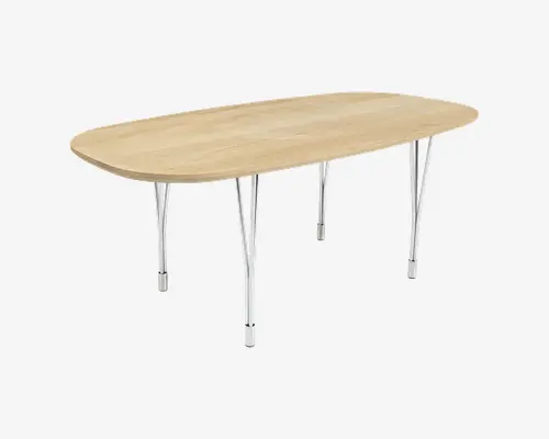 Ovalt bord med en glat bordplade i lyst træ og afrundede kanter. Bordet understøttes af seks slanke ben i kromfinish, hvilket giver et moderne og let udtryk. Bordpladen er rummelig, og det samlede design er minimalistisk og velegnet til moderne indretning.