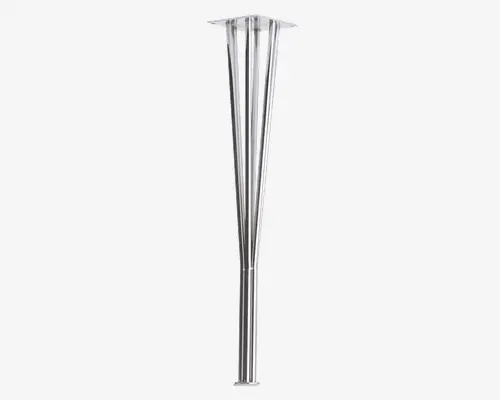 Et langt, slankt metalobjekt med en poleret sølvfinish, der har en udvidet top med flere jævnt fordelte lodrette stænger, som samles i en smal bund. Designet er elegant og moderne med glatte overflader og et reflekterende udseende.