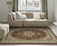 Rektangulært tæppe med et indviklet blomster-medaljonmønster i midten, med dybe røde, beige og gyldne nuancer. Tæppets kant er dekoreret med detaljerede motiver i matchende farver, hvilket giver et klassisk og elegant udtryk. Tæppet har lav luv og ser blødt ud, velegnet til brug i stuen.