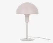 En moderne bordlampe med mat, lyserød overflade. Lampen har en kuppelformet skærm, en slank cylindrisk stang og en rund, flad fod. Designet er minimalistisk med rene linjer, og en hvid ledning er synlig fra lampens fod.