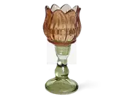 Dekorativ lysestage i glas med tulipanformet top i ravfarve og grøn, udsmykket fod og stilk. Toppen har kronbladslignende riller og bølget kant, mens stilken er facetslebet og rundet for et elegant, vintage udtryk.