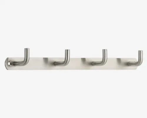 Et vægmonteret stativ lavet af børstet rustfrit stål med fire jævnt fordelte cylindriske kroge med afrundede ender. Krogene er fastgjort til en flad, rektangulær base, og designet er minimalistisk og moderne. Stativet er fastgjort til væggen med synlige skruer i hver ende.