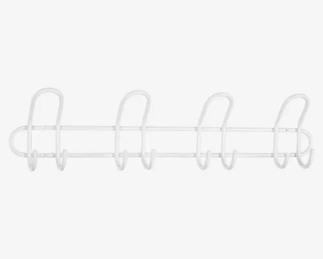 En vægmonteret holder lavet af hvidt metal med fire jævnt fordelte, buede kroge. Krogene er store og afrundede, designet til sikkert at holde genstande som håndklæder eller køkkenredskaber. Holderen har et minimalistisk, åbent design med to vandrette stænger for ekstra stabilitet.