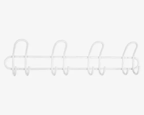 En vægmonteret holder lavet af hvidt metal med fire jævnt fordelte, buede kroge. Krogene er store og afrundede, designet til sikkert at holde genstande som håndklæder eller køkkenredskaber. Holderen har et minimalistisk, åbent design med to vandrette stænger for ekstra stabilitet.