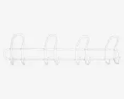 En vægmonteret holder lavet af hvidt metal med fire jævnt fordelte, buede kroge. Krogene er store og afrundede, designet til sikkert at holde genstande som håndklæder eller køkkenredskaber. Holderen har et minimalistisk, åbent design med to vandrette stænger for ekstra stabilitet.