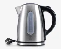 Elektrisk kedel i rustfrit stål med sort håndtag og bund. Har en gennemsigtig vandstandsmåler på siden, markeret med måleenheder fra 0,5L til 1,7L. Kanden har en bred tud for nem påfyldning og en aftagelig ledning for ekstra bekvemmelighed.