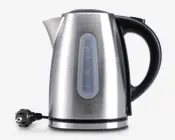 Elektrisk kedel i rustfrit stål med sort håndtag og bund. Har en gennemsigtig vandstandsmåler på siden, markeret med måleenheder fra 0,5L til 1,7L. Kanden har en bred tud for nem påfyldning og en aftagelig ledning for ekstra bekvemmelighed.