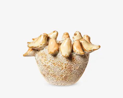Dekorativ keramikskål med en tekstureret, porøs overflade, der ligner natursten. Skålens kant er udsmykket med otte skulpturelle fugle, hver med en blank beige og lysebrun finish, hvilket giver et håndlavet og kunstnerisk udtryk. Fuglene sidder som om de hviler på kanten, hvilket tilføjer et finurligt og naturinspireret præg.