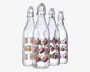 Sæt med fire klare glasflasker med patentlåg, hver med forskellige farverige frugtmotiver og sjove tekster. Én flaske har ananas og teksten 'VIBES', en anden har vandmelonskiver med 'SMILE', en tredje har jordbær med 'FUN', og den sidste har appelsiner med 'BEACH'. Flaskerne er høje og cylindriske, perfekte til servering af drikkevarer, og designet giver et muntert, sommerligt udtryk.