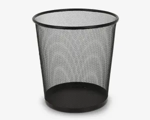 Rund affaldsspand lavet af sort metalnet med solid bund og kant i metal. Netdesignet giver mulighed for at se indholdet og sikrer ventilation. Spanden har et enkelt, moderne udseende, der passer til kontor eller hjem.