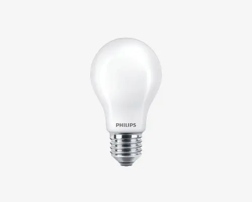 Mat glas lyspære med standard E27 skruefatning. Pæren har en klassisk rund form og en glat, mat overflade, der giver et blødt, diffust lys. Mærket 'Philips' er trykt nær soklen. Velegnet til generel belysning i de fleste lamper.