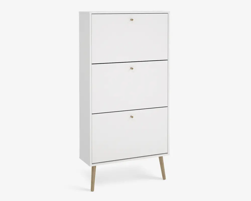 Høj, rektangulær skab med hvid finish, der har tre frontpaneler, hver med en lille rund guldknop. Skabet står på fire slanke guldfarvede ben, hvilket giver et moderne og minimalistisk udtryk. Panelerne fungerer sandsynligvis som låger eller skuffer til opbevaring.