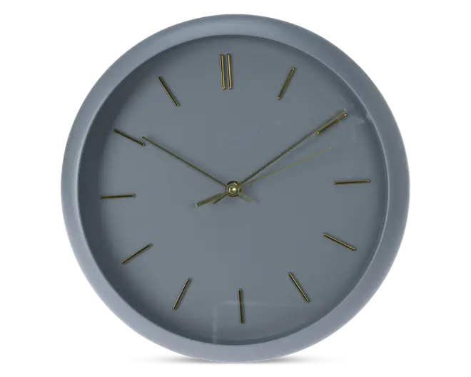 Rund vægur med mat lysegrå ramme og urskive. Har minimalistiske guldfarvede time-markeringer og slanke guldfarvede visere til timer, minutter og sekunder. Ingen tal, kun enkle streger for hver time. Moderne og diskret design.